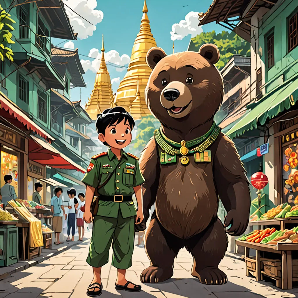 a boy standing next to a giant bear in a street with a woman in a green shirt and a man in a green shirt, art & language, a storybook illustration, Colin Middleton, official art
