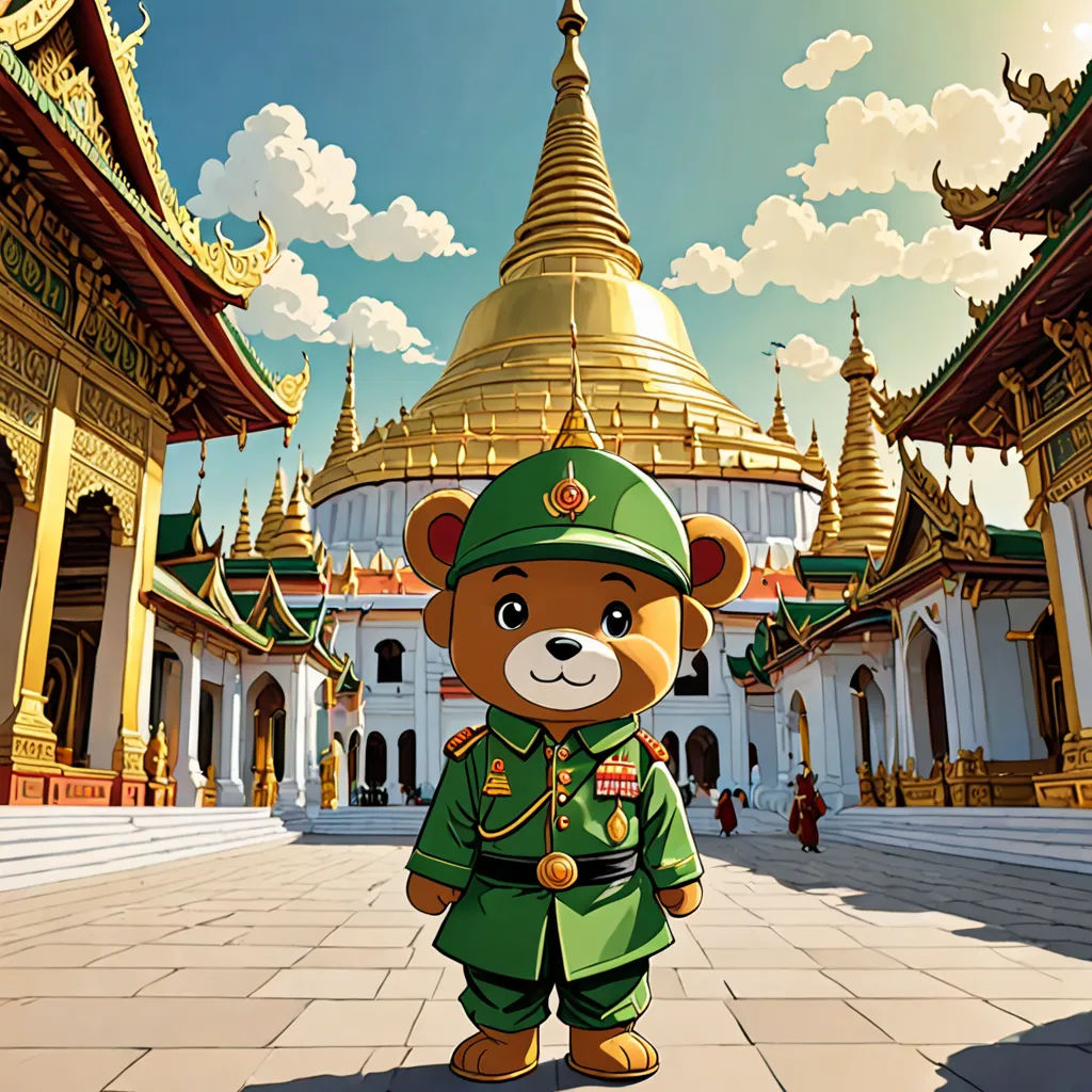 a cartoon bear in a military uniform standing in front of a building with a golden dome in the background, sots art, a character portrait, Beeple, official art