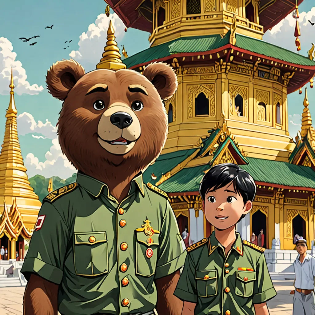 a boy and a bear standing in front of a building with a pagoda in the background and a man in uniform, sumatraism, a storybook illustration, Basuki Abdullah, official art