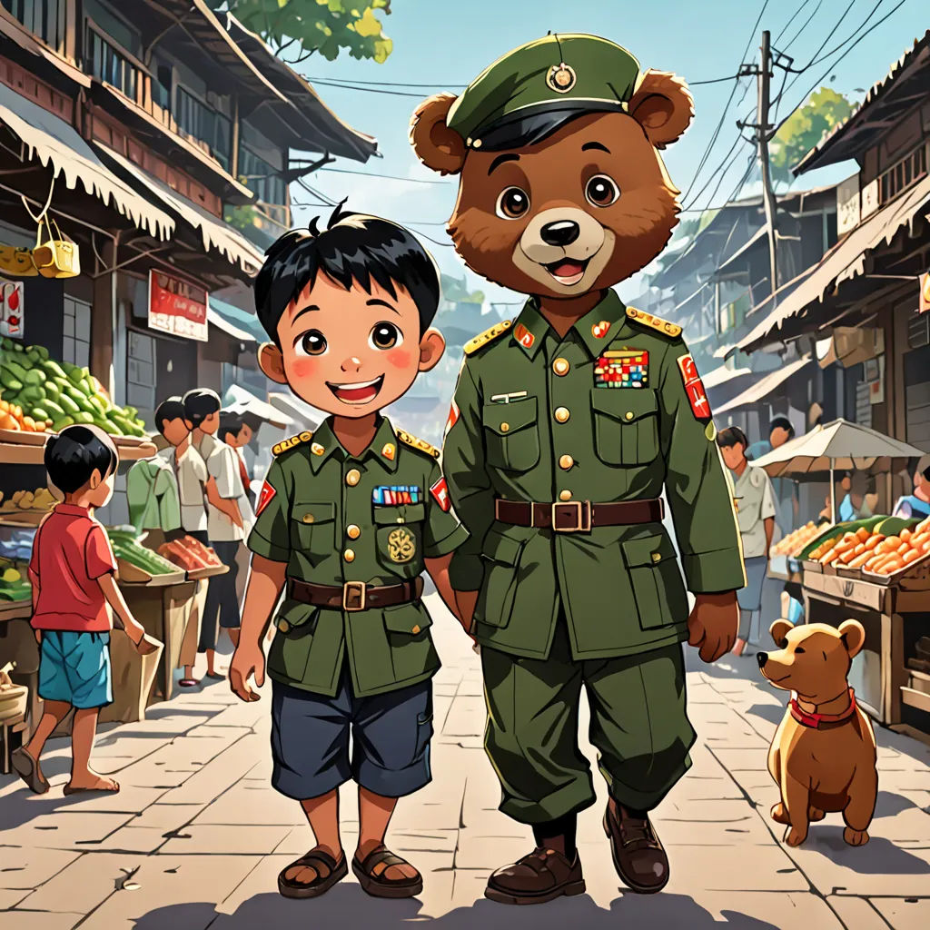 a boy and a boy in military uniforms are standing in front of a market with a bear on the sidewalk, serial art, a storybook illustration, Cui Bai, official art