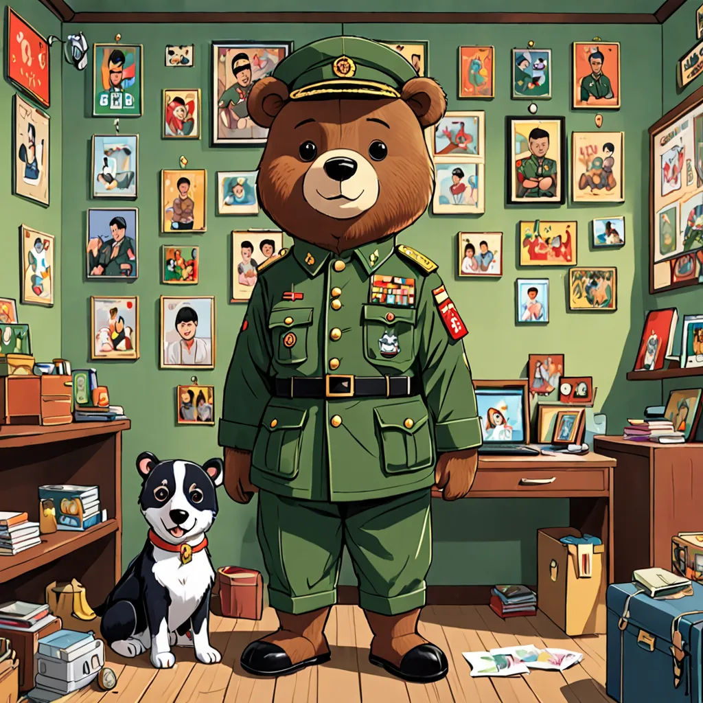 a bear and a dog are standing in a room with pictures on the wall and a man in a military uniform, serial art, a character portrait, Cao Zhibai, official art