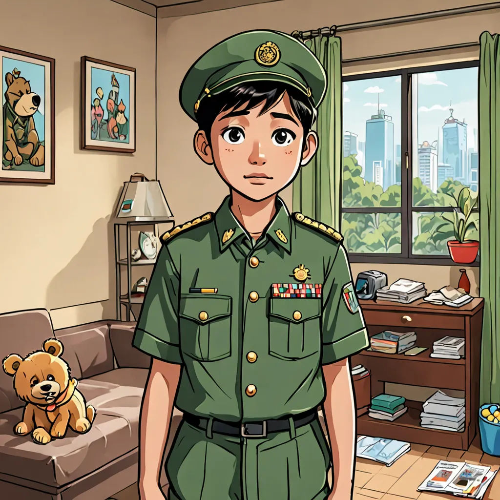 a cartoon boy in a military uniform standing in a living room with a teddy bear on the floor and a window behind him, serial art, a character portrait, Cao Zhibai, official art