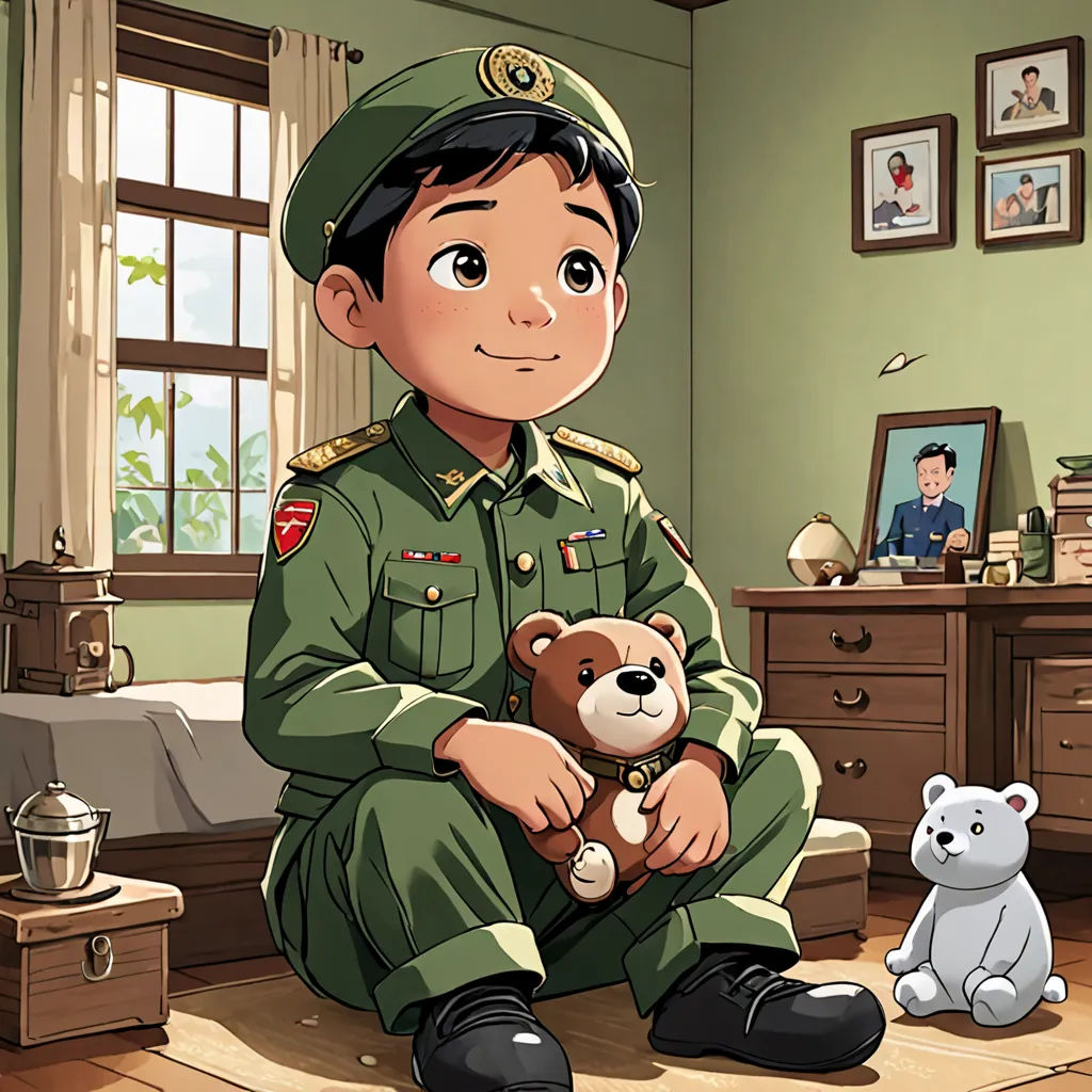 a boy in a military uniform holding a teddy bear in a bedroom with a teddy bear on the floor, sots art, a character portrait, Du Jin, official art