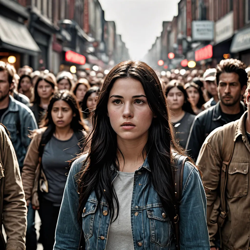 a group of people walking down a street next to each other in a city with tall buildings and a crowd of people, les automatistes, poster art, David Park, promotional image