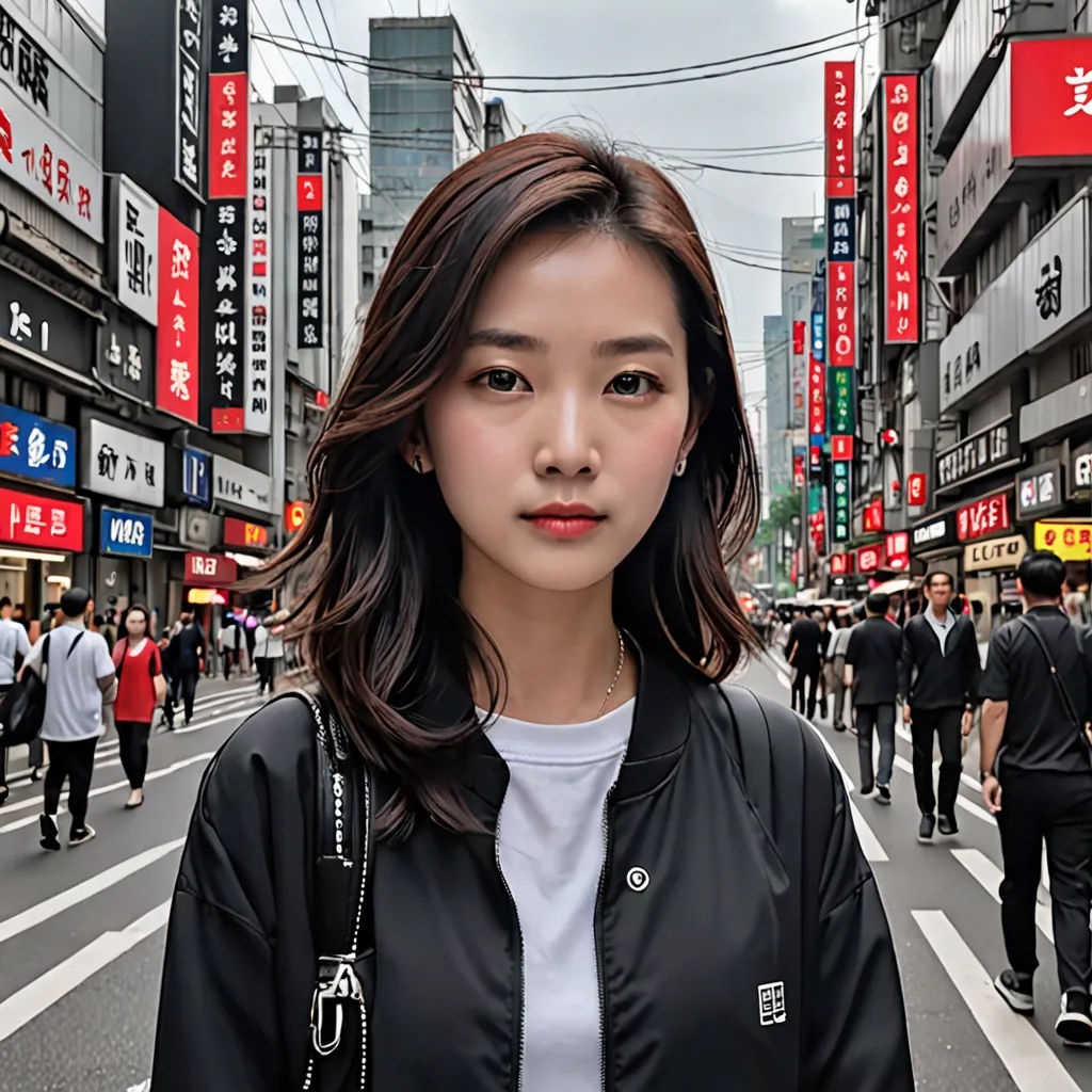 a woman standing in the middle of a busy street in a city with tall buildings and people walking around, photorealism, a character portrait, Chen Jiru, affinity photo