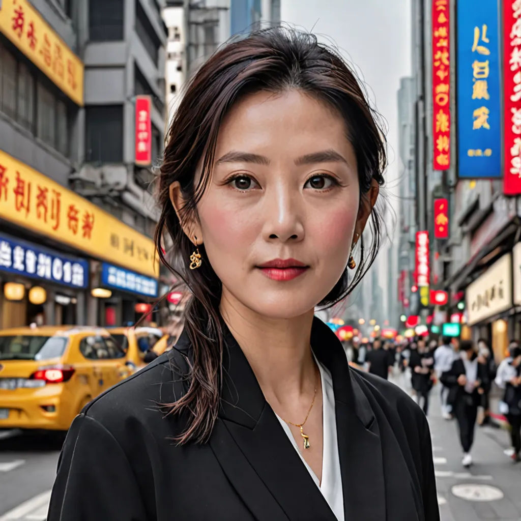 a woman in a black suit and white shirt standing in front of a busy street with yellow taxi cabs, precisionism, a character portrait, Dong Yuan, portrait photography