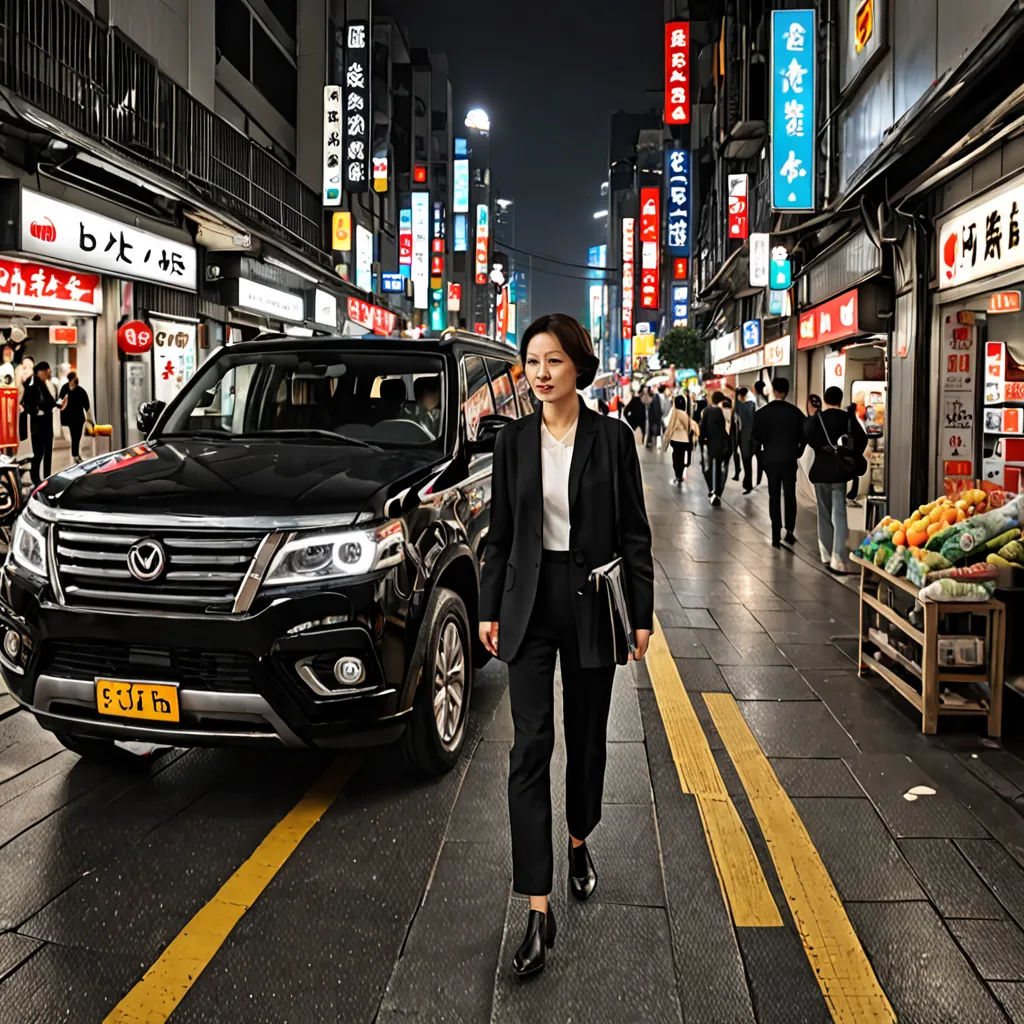 a woman walking down a street in a city at night with a car parked on the side of the road, neoism, a stock photo, Chen Jiru, promotional image