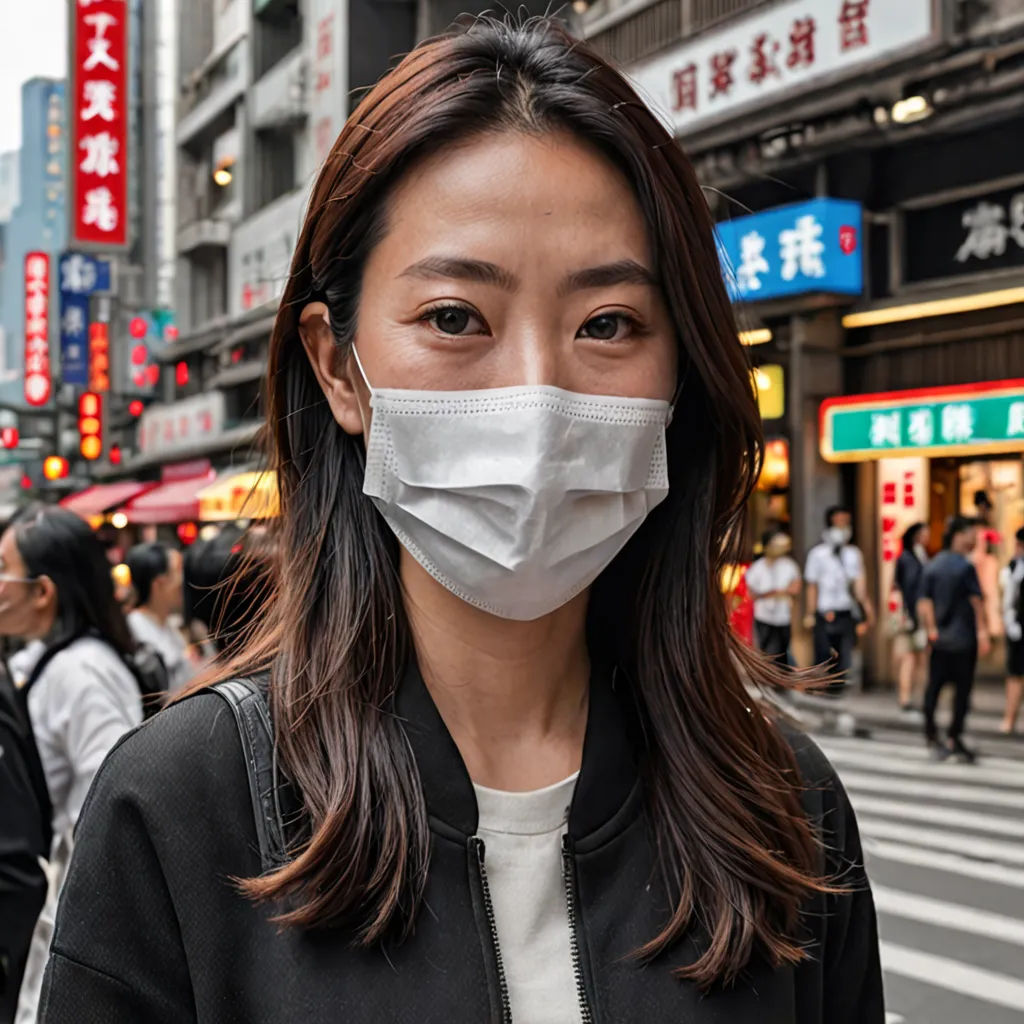 a woman wearing a face mask on a city street in china with people walking around her and buildings in the background, neoplasticism, a stock photo, Cui Bai, particulate