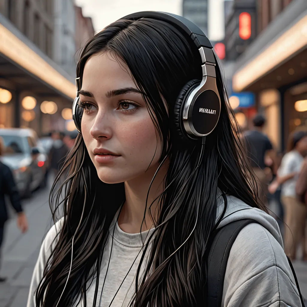 a woman with headphones on walking down a street in a city with people walking by and a man walking down the street, photorealism, a hyperrealistic painting, Daniel Lieske, ultra realistic digital art