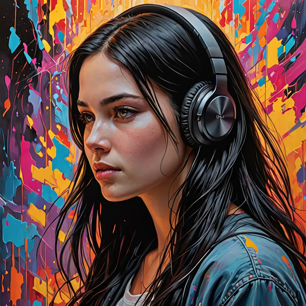 a painting of a woman with headphones on her ears and a colorful background behind her is a painting of a woman with long hair and a black jacket, photorealism, a hyperrealistic painting, Artgerm, highly detailed digital painting