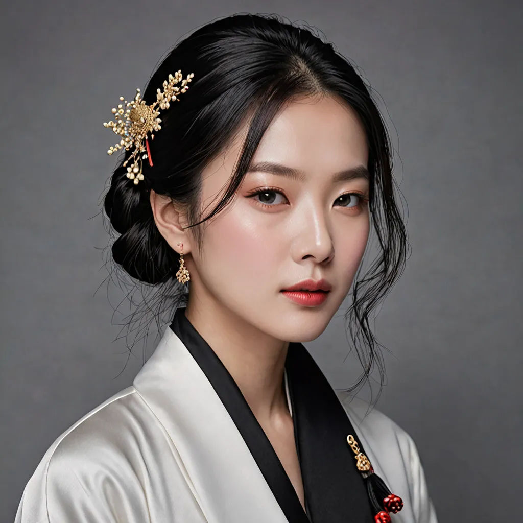a woman wearing a black and gold hair comb and a white kimono with a black ribbon around her neck, classical realism, a photorealistic painting, Choi Buk, studio portrait