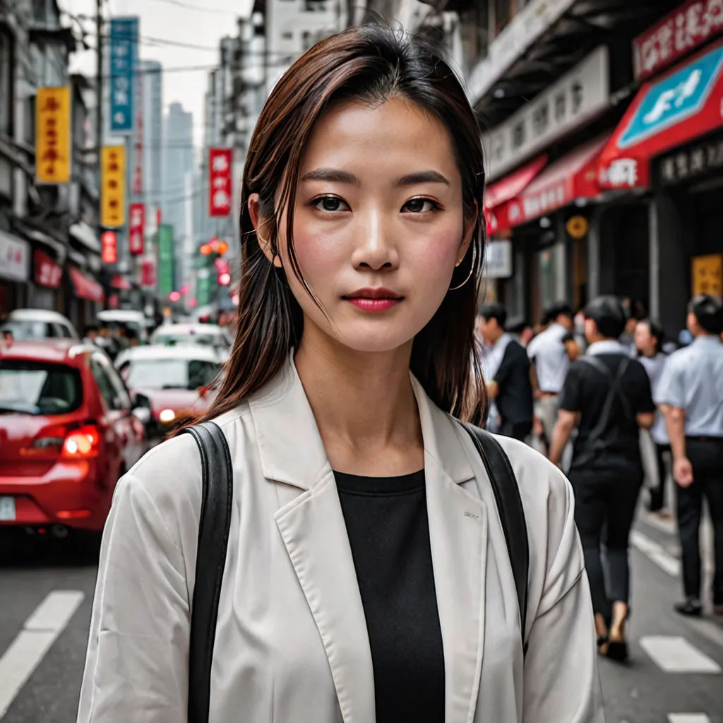 a woman standing on a street corner with a red car in the background and people walking on the sidewalk, neoism, a character portrait, Chen Jiru, canon eos r 3