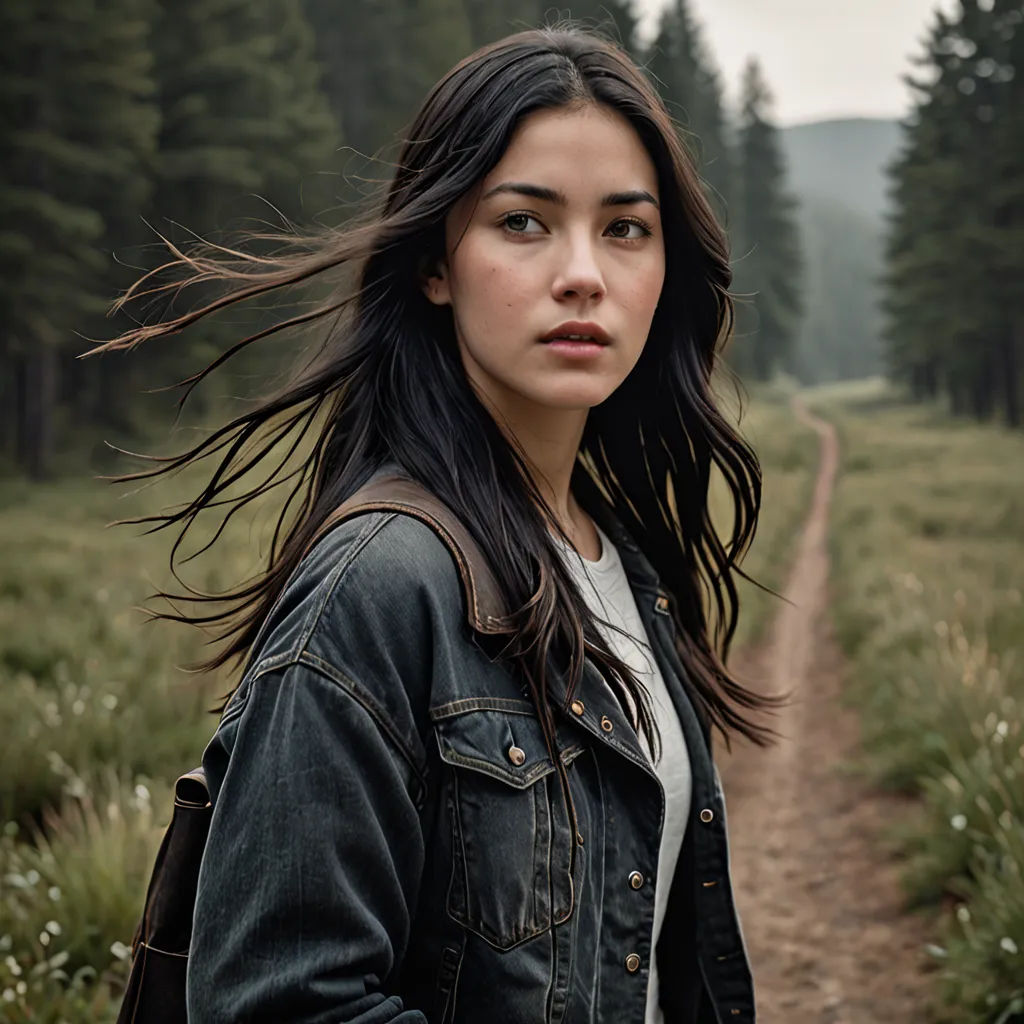 a woman with long hair standing on a dirt road in a field of grass and trees with a forest in the background, naturalism, a character portrait, Dirk Crabeth, leesha hannigan