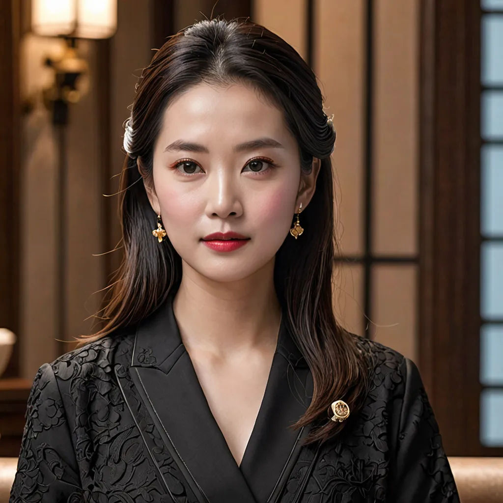 a woman in a black dress with a flower in her hair and a black dress with a gold brooch, aestheticism, a character portrait, Byeon Sang-byeok, fine - face