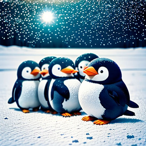 a group of penguins standing in the snow together with a bright star in the background of the sky above them