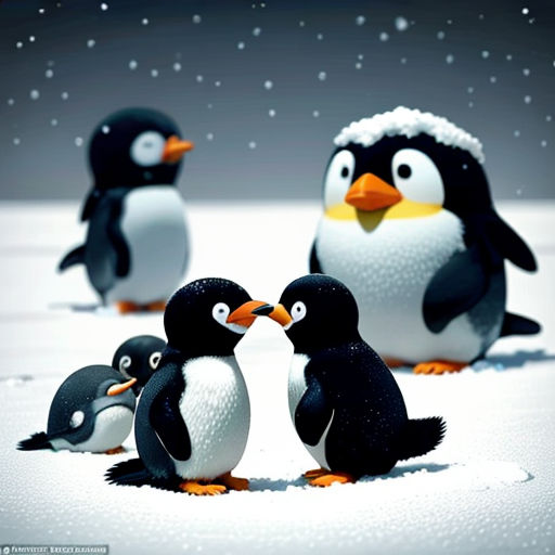 a group of penguins standing next to each other on a snow covered ground with a penguin on its back