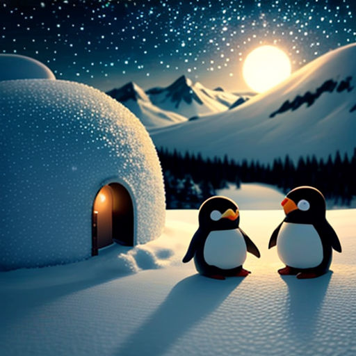 two penguins are standing in the snow near a small igloose at night with a full moon
