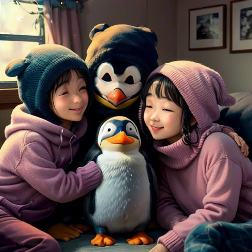 three children are sitting on a couch with a penguin on their lap and a penguin on their lap, both wearing winter clothing