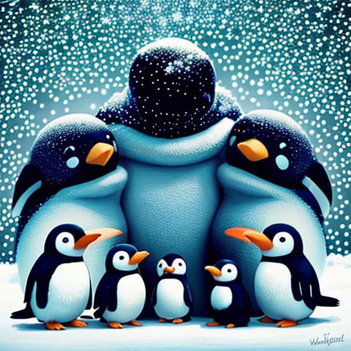 a group of penguins standing next to each other in the snow with a penguin on top of them and a penguin on the bottom of the penguins