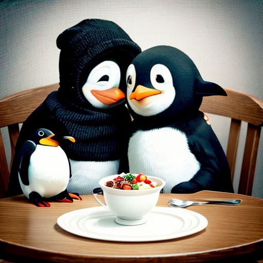 two penguins sitting at a table with a bowl of fruit and a plate of fruit on the table with a fork and knife