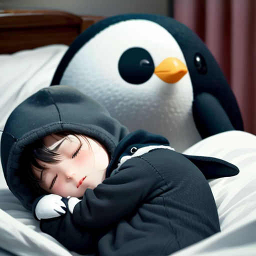 a little boy sleeping in a bed with a penguin on top of him and a penguin on the bottom of the bed