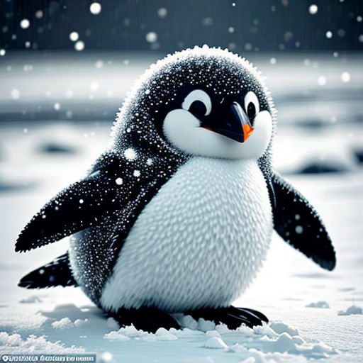 a penguin with a snow covered head and a black and white body, standing in the snow, with snow falling on its wings