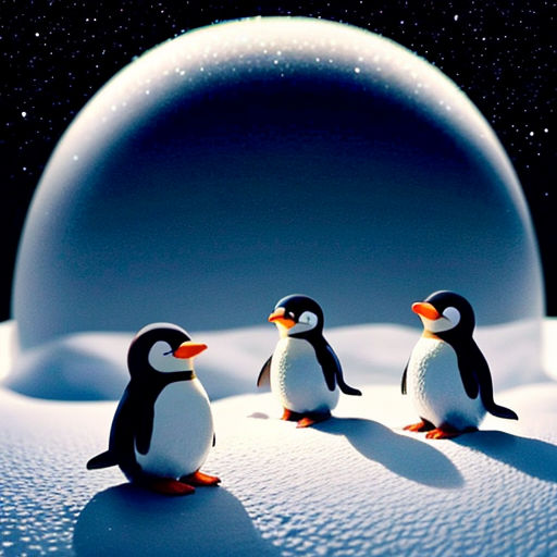 three penguins standing in the snow in front of a snow globe with a star filled sky in the background