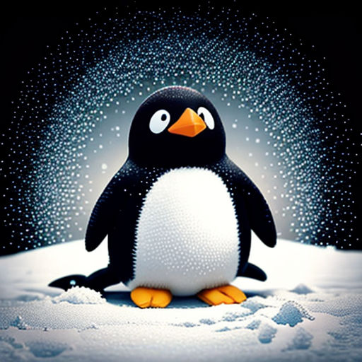 a penguin is standing in the snow with a light shining on it's head and eyes, with snow falling down on it