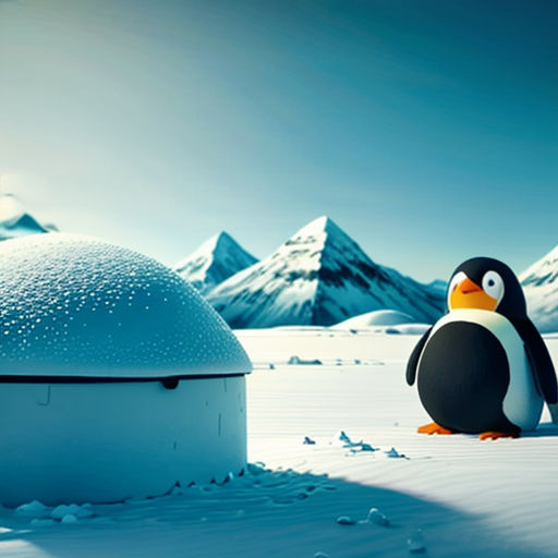 a penguin standing in the snow next to a dome in the snow with mountains in the background and a penguin looking at it