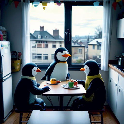 three penguins sitting at a table eating food together in a kitchen with a window overlooking the city and a penguin statue