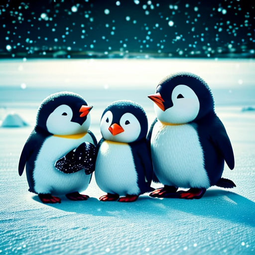 three penguins are standing in the snow together, one is wearing a hat and the other is wearing a scarf