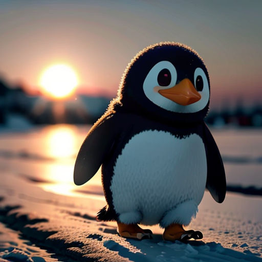a penguin standing on a beach at sunset with the sun in the background and a person in the foreground