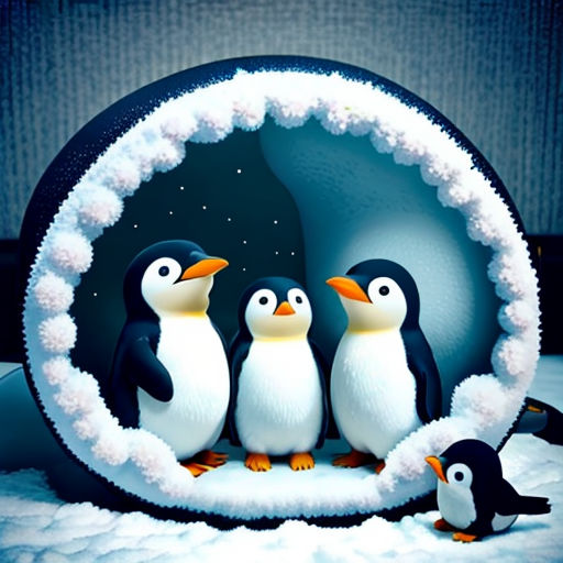 three penguins are standing in front of a snow globe with a penguin in the middle of it and a penguin in the middle of the circle