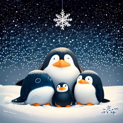 three penguins are standing in the snow under a snowflaker with a snowflaker hanging from the ceiling