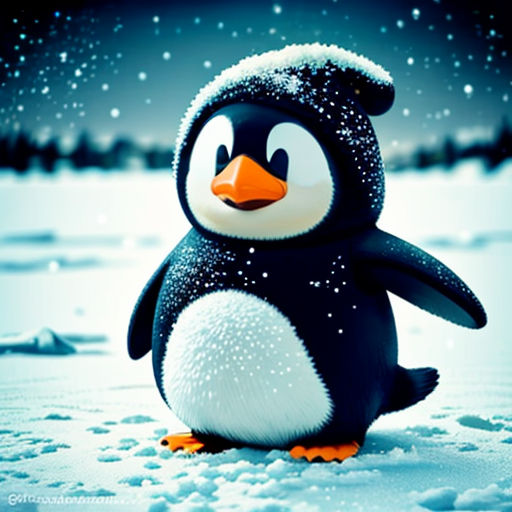 a penguin is standing in the snow with a hat on it's head and eyes closed, with a snowy night in the background