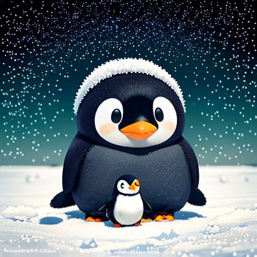 a penguin and its baby are sitting in the snow at night with stars in the sky above them and a penguin holding a baby penguin
