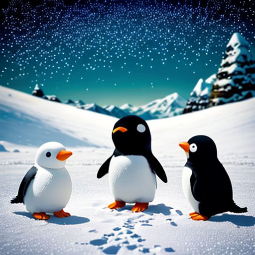 three penguins are standing in the snow with a snowy mountain in the background and a star filled sky above