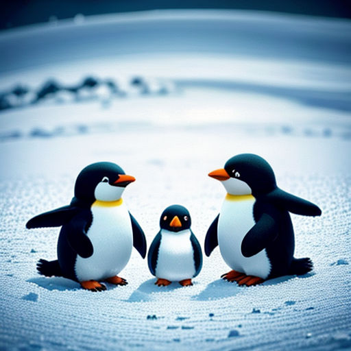 three penguins standing in the snow with one penguin facing the other way in the middle of the picture,