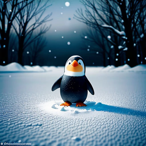 a penguin is standing in the snow in front of a full moon and trees with snow falling on it