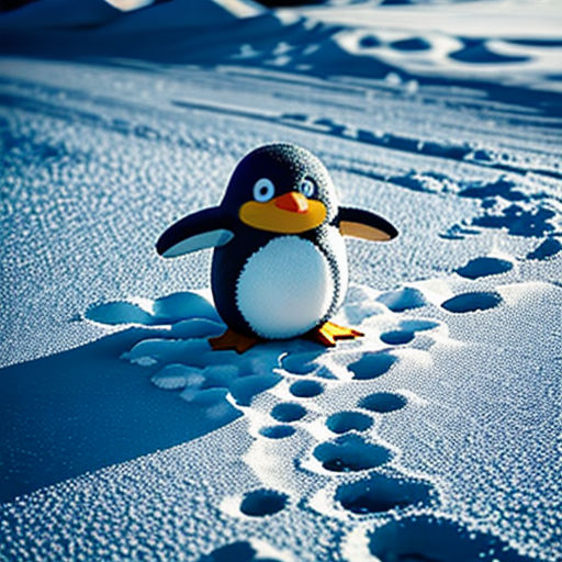 a penguin is walking in the snow with footprints on the ground and footprints on the ground behind it,