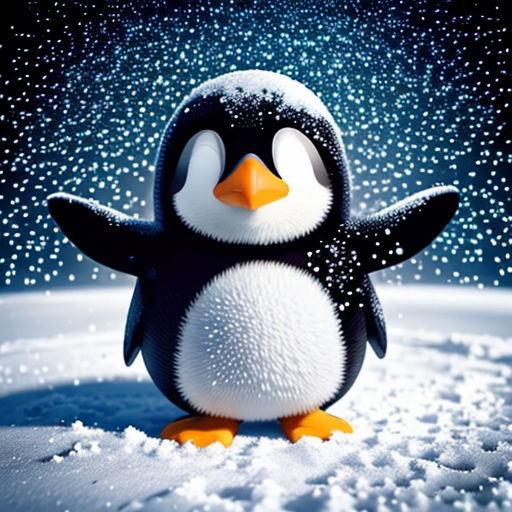 a penguin standing in the snow with its arms outstretched and eyes closed, with snow falling down on it