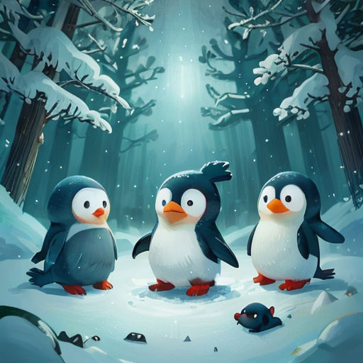 three penguins are standing in the snow in front of trees and a bird in the foreground, with a bright light shining on the ground