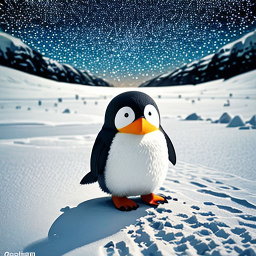 a penguin standing in the snow with a night sky in the background and stars in the sky above it