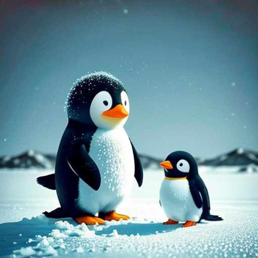 a penguin and a penguinling standing in the snow together, with a sky background and snow flakes