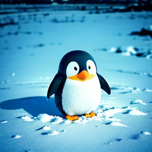 a penguin is standing in the snow with its eyes open and a black nose and yellow beak is on the snow