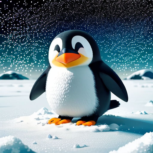 a penguin is standing in the snow with a night sky background and stars in the sky above it, and a penguin is standing on the snow