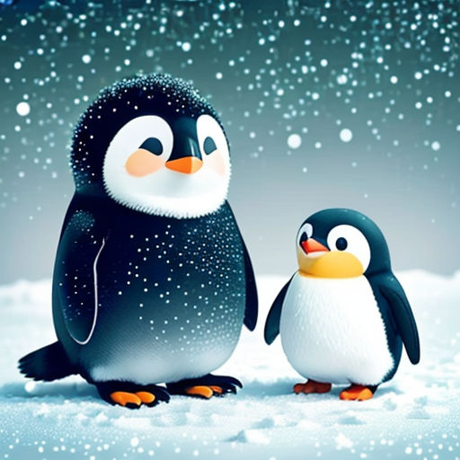 a penguin and a penguinling standing in the snow together, with a blue background and snowflakes