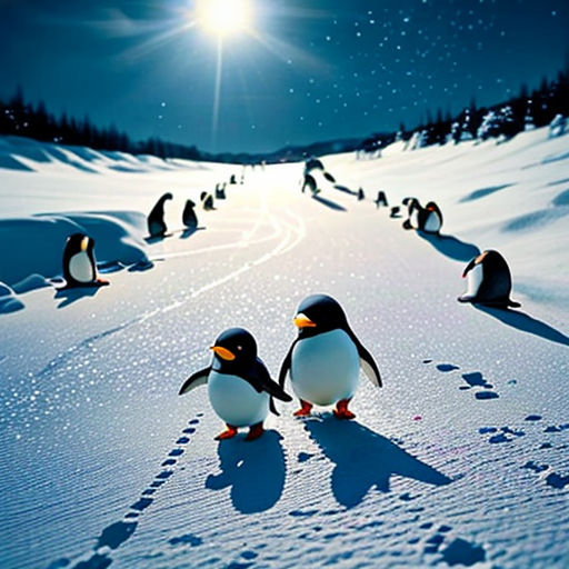 a group of penguins walking across a snow covered field at night with the sun shining on them and footprints in the snow