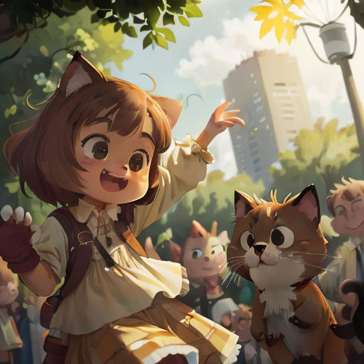 a girl in a dress and a cat in a park with other cats and a tree in the background