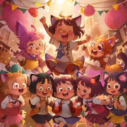 a group of cartoon characters standing in front of a crowd of people with balloons and buntings on the ceiling